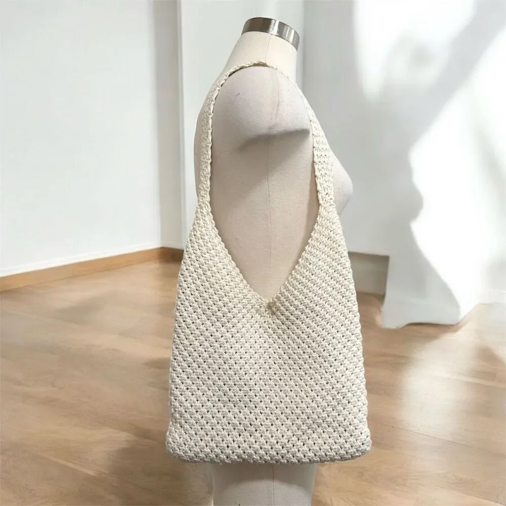 Vintage Cream Off White Shoulder Bag Purse Woven Crochet Country Cottage